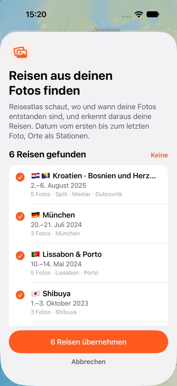 Reiseatlas hat sechs Reisen aus den Fotos gefunden, zum Beispiel Kroatien, München und Lissabon