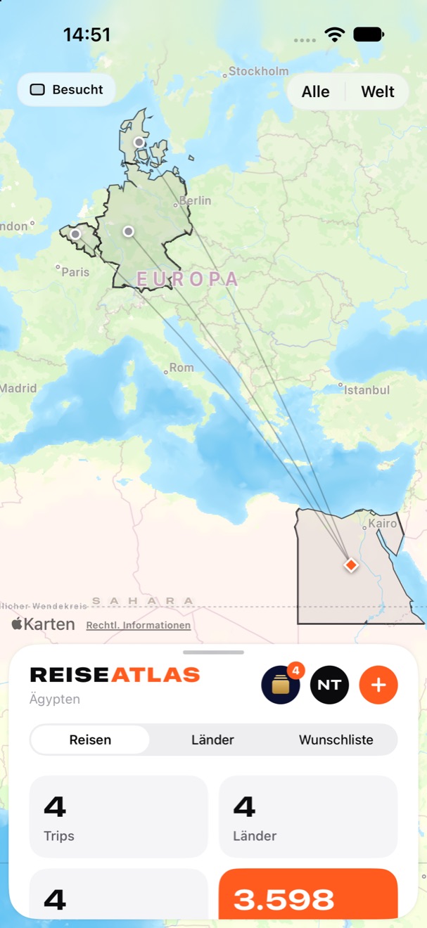 Weltkarte mit eingefärbten Ländern und Luftlinien ab Zuhause