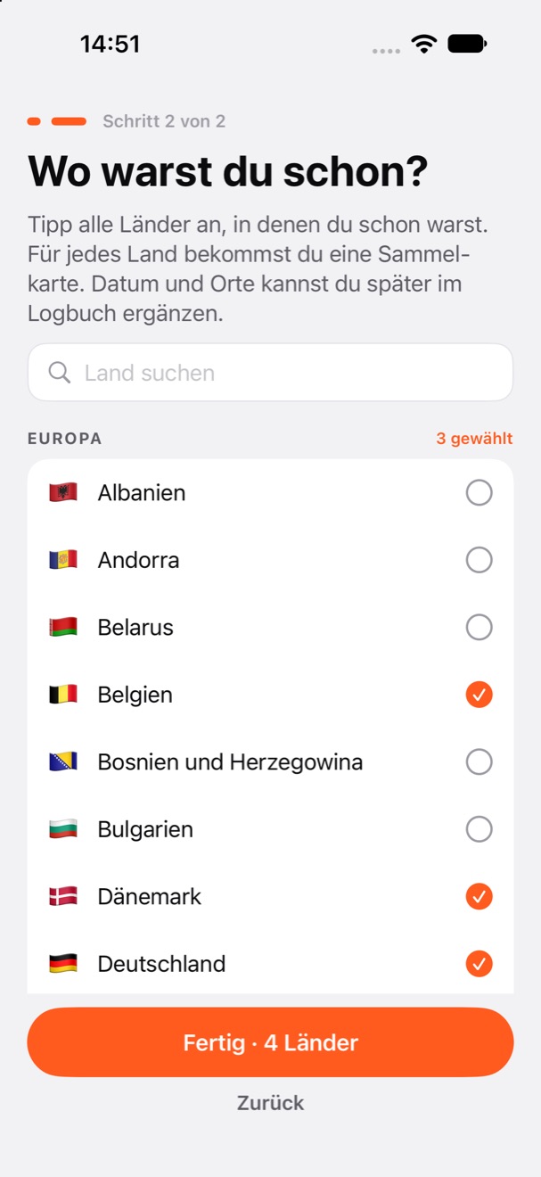 Einrichtung: Länderauswahl mit Flaggen zum Antippen